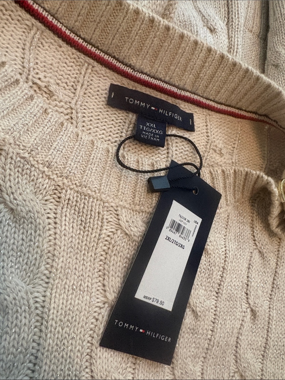 NWT Tommy Hilfiger Cream Metallic Cable Knit Sweater Coquette Preppy 2XL/XXL - Picture 5 of 9